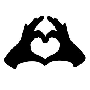 May include: Two hands forming a heart shape with fingers touching. The hands are black against a white background.