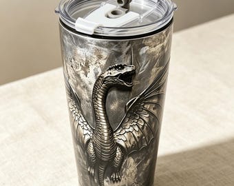 20oz Gothic Silver Dragon Tumbler – Insulated Stainless Steel Travel Mug, Fantasy Dragon Coffee Cup, Unique Father's Day Gift for Dad