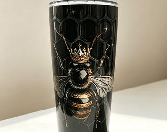 Queen Bee Crown Tumbler – 20oz Stainless Steel Insulated Travel Mug, Elegant Bee & Floral Design, Double-Wall Hot Cold Cup with Straw