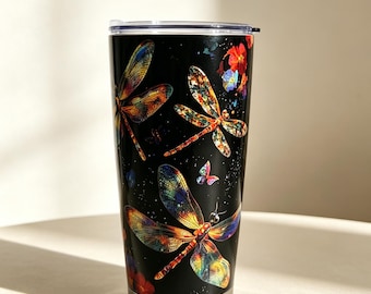Dragonfly Tumbler 20oz – Double Wall Insulated Stainless Steel Cup, Colorful Dragonfly Gift, Nature Lover Mug, Shiny Travel Coffee Cup