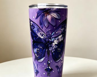 Purple Butterfly Floral Tumbler – 20oz Stainless Steel Insulated Travel Mug, Keeps Drinks Hot or Cold, Durable Reusable Cup for Coffee & Tea