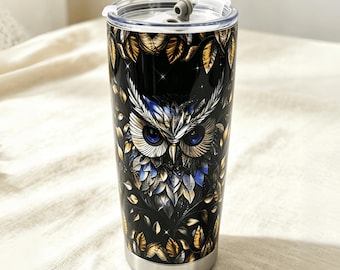 Crystal Owl 20oz Stainless Steel Insulated Travel Tumbler with Slider Lid, Keeps Drinks Cold, Reusable Coffee Tea Mug