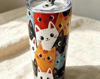 20oz Cartoon Cat Design Stainless Steel Insulated Tumbler, Portable Car Cup Pet Moms Animal Fans, Kitty Travel Mug