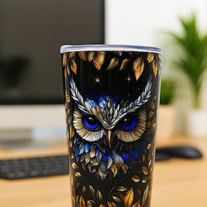20oz Blue & Gold Crystal Owl Stainless Steel Insulated Cup, Night Wisdom Tumbler Gift for Owl Lovers, Elegant Travel Mug, Portable Car Cup