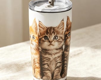 20oz Adorable Kitten Illustration Traveler Stainless Steel Tumbler Slider Lid – Cute Cat Insulated Travel Mug, Portable Car Cup Cat Lovers