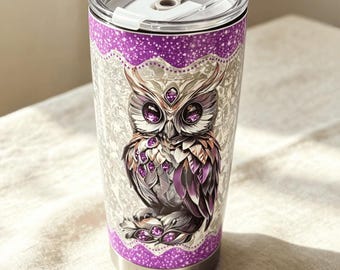 Purple Crystal Owl 20oz Stainless Steel Insulated Travel Tumbler, Double-Wall Vacuum Mug for Cold Coffee and Tea