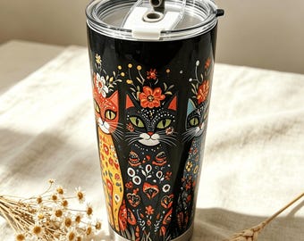 20oz Stainless Steel Travel Tumbler with Colorful Cat Illustration, Insulated Mug for Hot Drinks, Gift for Pet Lovers