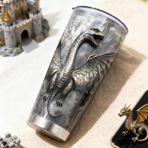 Gothic Silver Dragon Tumbler 20oz – Stainless Steel Insulated Cup, Medieval Fantasy Dragon Mug, Dark Aesthetic Gift, Travel Coffee Cup