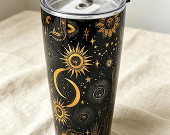20oz Celestial Palm Stainless Steel Tumbler – Sun & Moon Hand Design, Double Wall Travel Mug, Hot Cold Drinks
