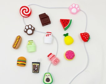 Kawaii Cat Yakult & Strawberry Cable Protector | Cute Boba Tea Charger Saver | MeowPaw Accessory Clamp for iPhone Android