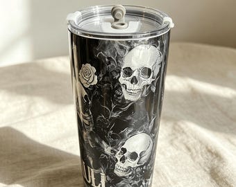 Gothic Skull & Roses Tumbler – 20oz Stainless Steel Travel Mug Dark Horror Design, Gift for Gothic Horror Fans