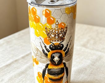 Queen Bee Honeycomb Tumbler: 20oz Insulated Stainless Steel Travel Cup – Double-Walled Thermal Mug, Ideal Gift Bee Lovers Nature Enthusiasts