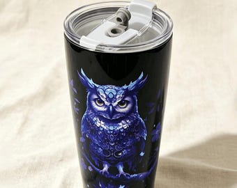 Blue Owl 20oz Stainless Steel Insulated Travel Tumbler, Double-Wall Mug for Hot or Cold Drinks, Gift for Nature Lover