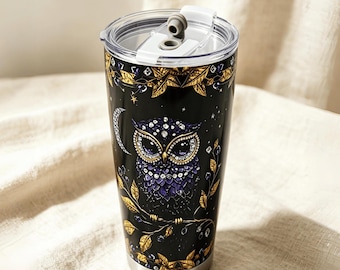 20oz Sparkling Purple Owl Insulated Stainless Steel Travel Tumbler, Keeps Drinks Hot or Cold, Reusable Coffee Tea Mug
