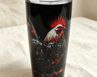 Cyberpunk Rooster Tumbler: 20oz Insulated Stainless Steel Mug – Futuristic Neon Chicken Design, Double-Wall Thermal Cup, Unique Sci-Fi Gift