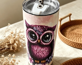 Purple Owl 20oz Stainless Steel Insulated Travel Tumbler with Big-Eyed Owl, Keeps Drink Cold, Reusable Coffee Tea Mug