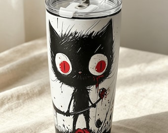 20oz Gothic Black Cat Stainless Steel Insulated Travel Tumbler with Slider Lid, Dark Aesthetic Gift Gothic Cat Lovers