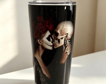 20oz Gothic Skull Couple Stainless Steel Insulated Travel Tumbler with Slider Lid, Till Death Do Us Part Romantic Mug