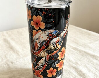 20oz Sea Turtle Tumbler – Floral Stainless Steel Insulated Cup with Lid & Straw, Ocean-Inspired Design, “Peaceful Journey”