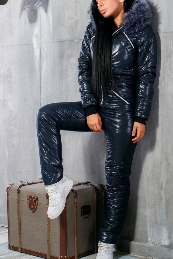 Navy Blue Woman Ski Suit Women Wet Look Winter Shiny Glanz Etsy