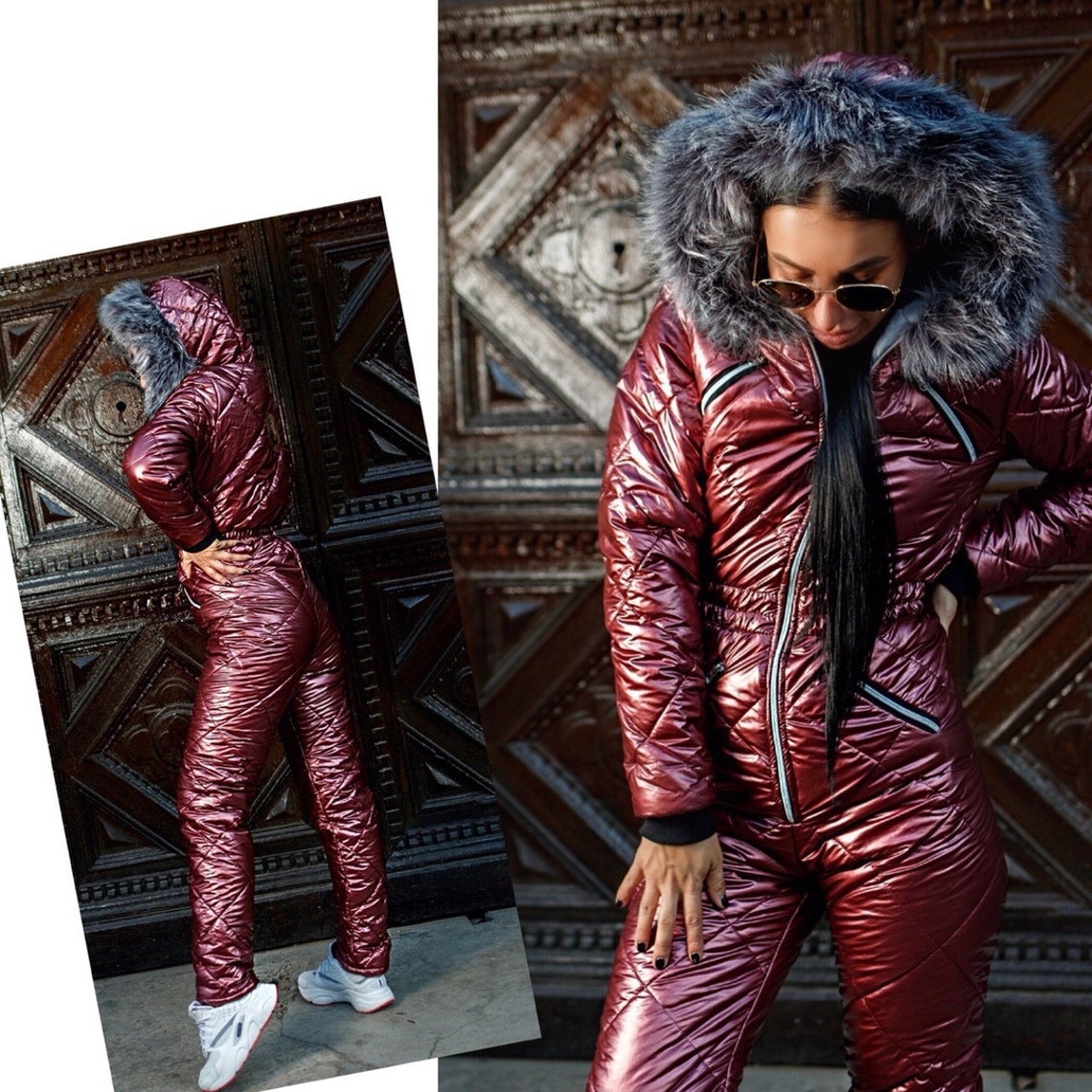 Wine Red Metallic Ski Suit Woman Winter Warm Jumpsuit One | Etsy