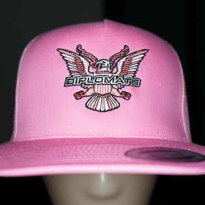 Diplomats Logo Embroidered Snapback Trucker Hat in Pink, Camron, Jim Jones, Juelz Santana, New York Hip Hop 2000s