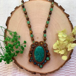 Chrysocolla Necklace, Macrame Necklace, Chrysocolla Pendant, Gift for her, Bohemian Crystal Necklace, Unique Soutache Necklace, Boho jewelry