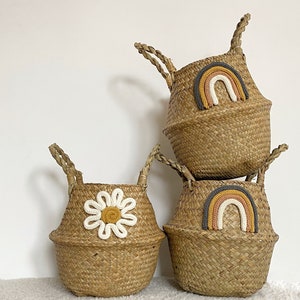 Seagrass storage basket with rainbow / daisy /nursery / playroom / kids room / belly basket