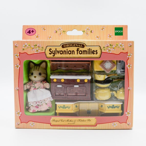 Sylvanian Striped Cat Mother and Kitchen Set RARE Forest Families Epoch  Flair Vintage Sylvanian Calico Critters 