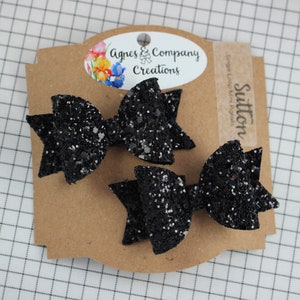 Sutton Single Loop Mini Pigtail Bows Pair Classic Black Chunky Glitter Hair Bow Clip 2.5 inch piggies