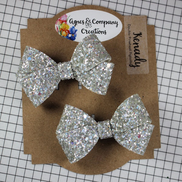 Kenady Double Pinwheel Pigtail Bows Silver Holographic Chunky Glitter Hair Bow Clip 3 inch