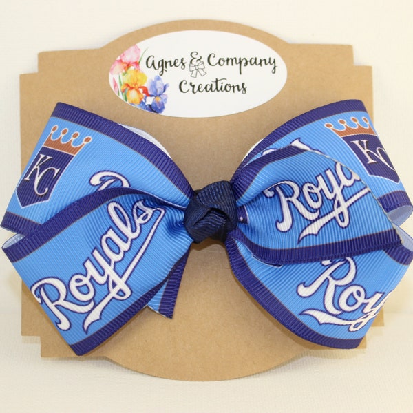 Scarlett Boutique Style Medium Hair Bow Grosgrain Ribbon Kansas City KC Royals Baseball Inspired Infant Headband 4 inch 5 inch Clip