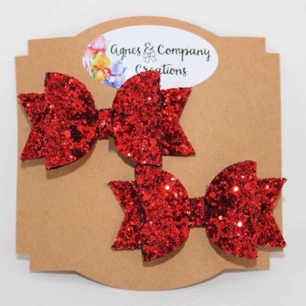 Sutton Single Loop Mini Pigtail Bows Pair Classic Red Metallic Chunky Glitter Hair Bow Clip 2.5 inch piggies