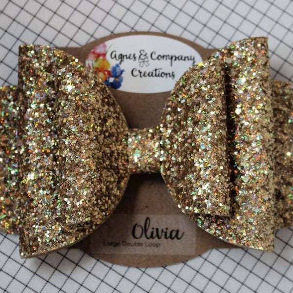 Olivia Large Double Loop Chunky Glitter Silver or Gold Holographic Hair Bow Clip 6 inch