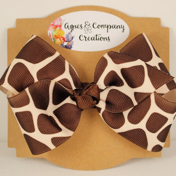 Scarlett Boutique Style Medium Hair Bow Grosgrain Ribbon Giraffe Animal Print Infant Headband 4 inch 5 inch Clip