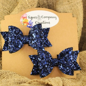Sutton Single Loop Mini Pigtail Bows Pair Classic Navy Blue Metallic Chunky Glitter Hair Bow Clip 2.5 inch piggies