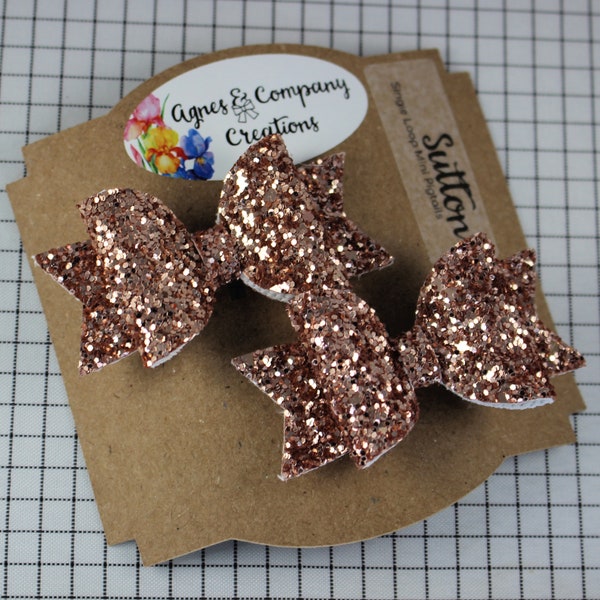 Sutton Single Loop Mini Pigtail Bows Pair Classic Rose Gold Metallic Chunky Glitter Hair Bow Clip 2.5 inch piggies