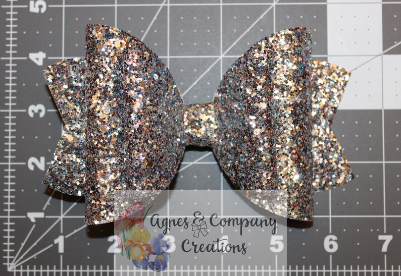 Olivia Large Double Loop Silver Pink Blue Multi Chunky Glitter Hair Bow Clip 6 inch
