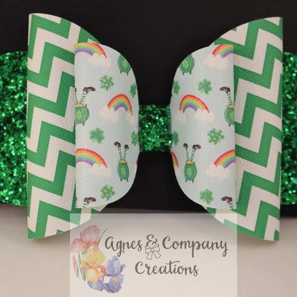 Olivia Large Double Loop Chunky Glitter Faux Leather Hair Bow St Patrick's Green Chevron Leprechaun Pot of Gold Rainbow Shamrock Clip 6 inch