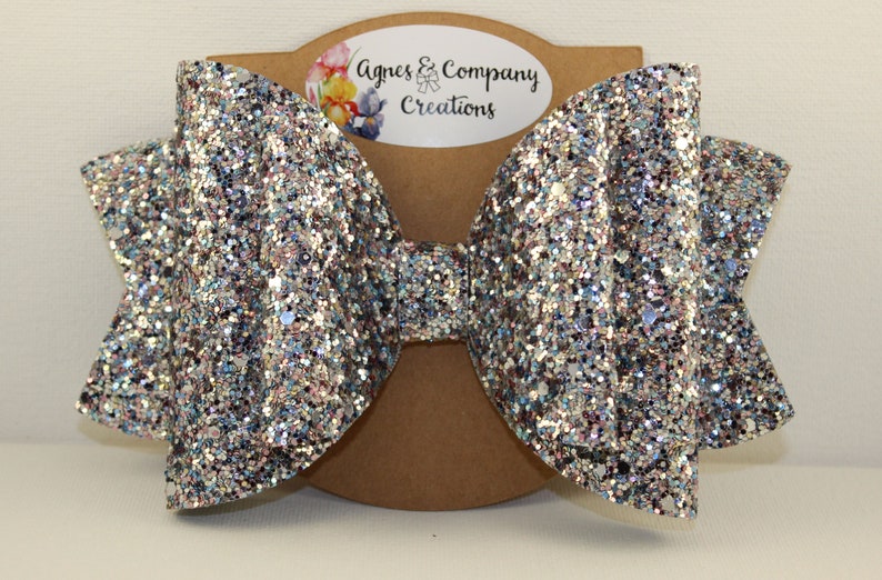 Olivia Large Double Loop Silver Pink Blue Multi Chunky Glitter Hair Bow Clip 6 inch