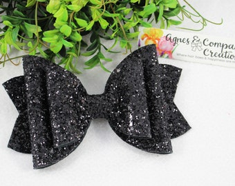 Olivia Large Double Loop Chunky Glitter Hair Bow Solid Classic Black Super Chunky Sparkly Sparkle Hair Bow Clip 6 inch