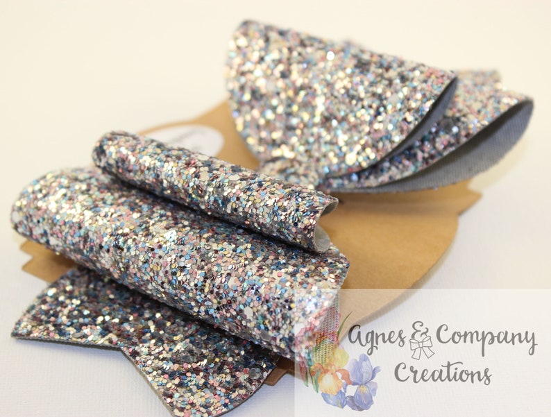 Olivia Large Double Loop Silver Pink Blue Multi Chunky Glitter Hair Bow Clip 6 inch