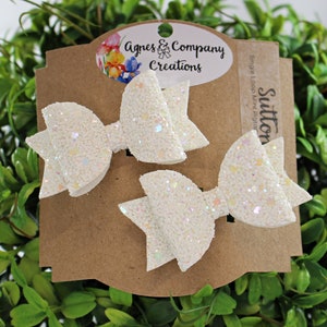 Sutton Single Loop Mini Pigtail Bows Pair Classic White Chunky Glitter Hair Bow Clip 2.5 inch piggies