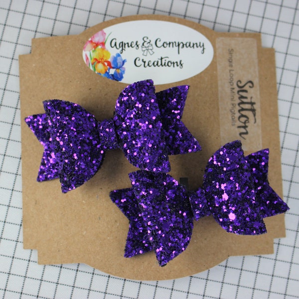 Sutton Single Loop Mini Pigtail Bows Pair Royal Purple Chunky Glitter Hair Bow Clip 2.5 inch piggies