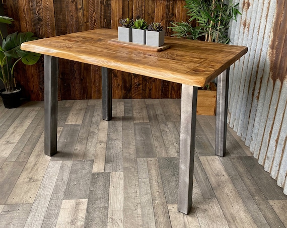 Live edge dining table with angled steel legs, Waney edge rustic farmhouse table, Modern-Industrial dining tables, table and bench package