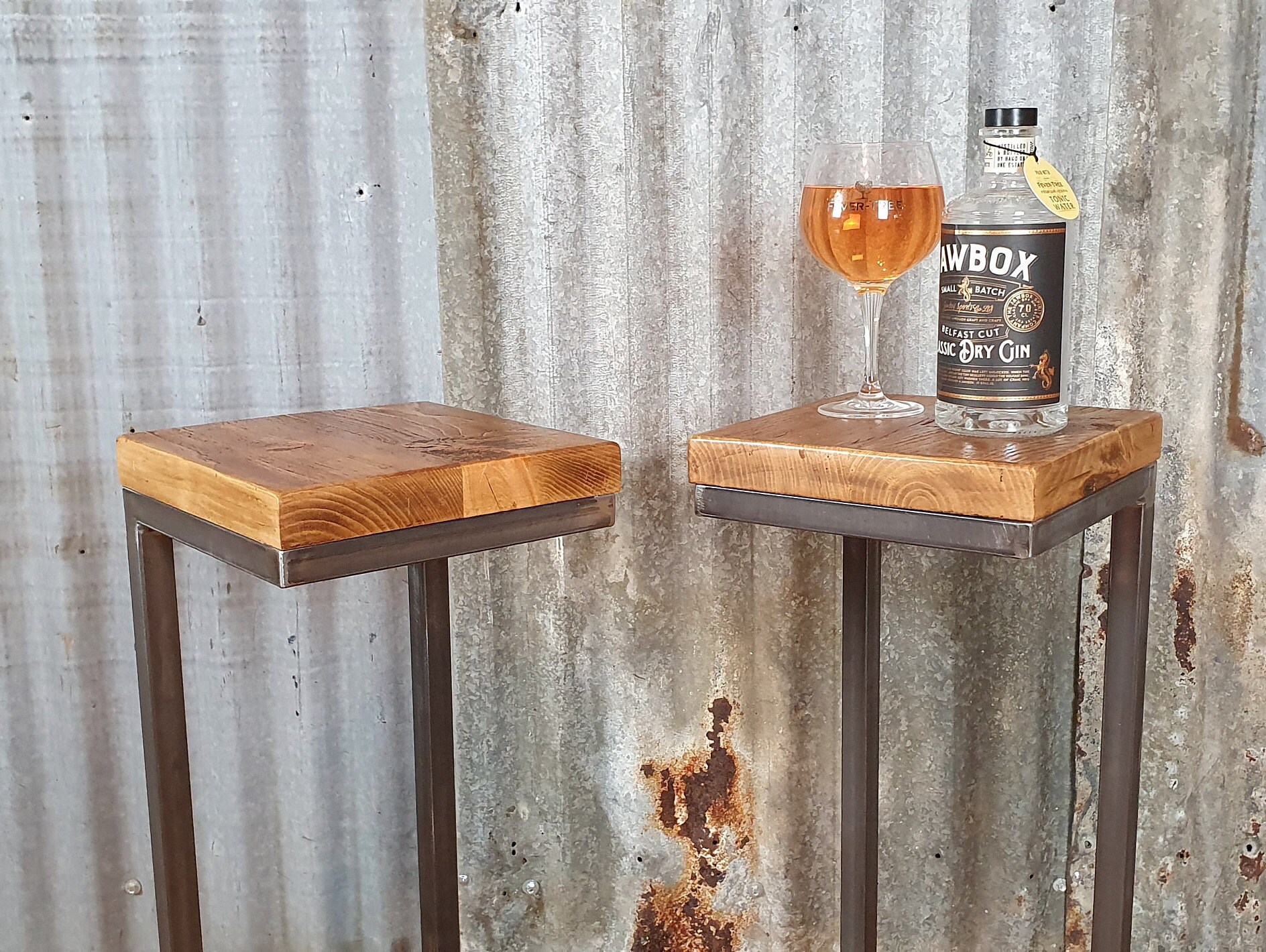 rustic industrial sofa side table, wooden Cshaped lap table, bespoke