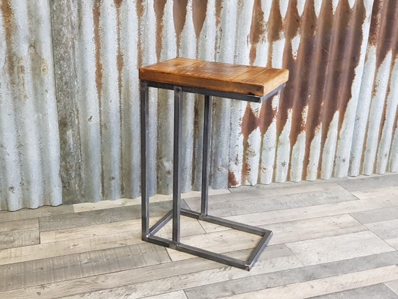 sofa side table rustic-industrial style, wooden C-shaped lap table, bespoke modern sofa side table, contemporary sofa table