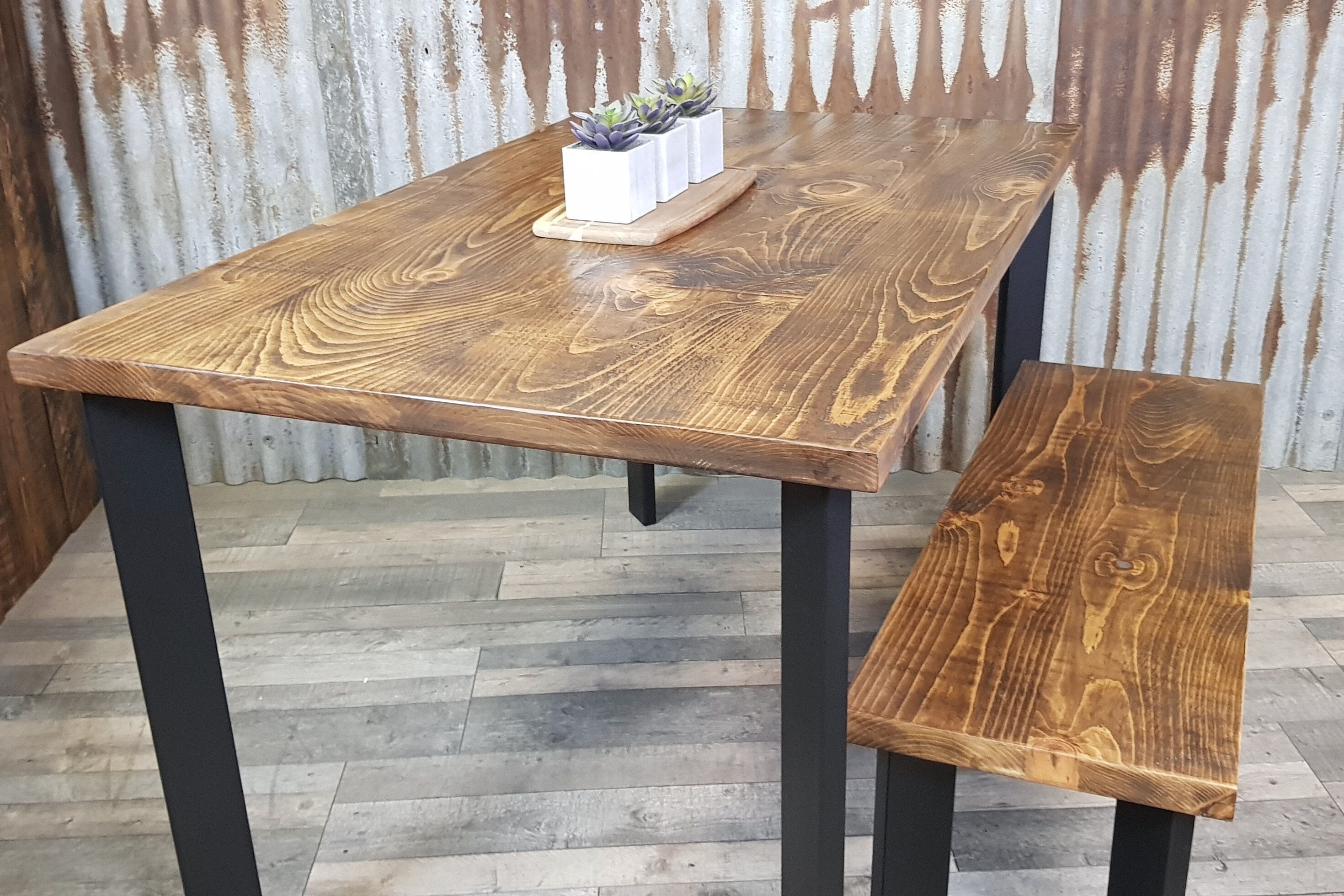 Dining table and bench package modern industrial style, reclaimed wood