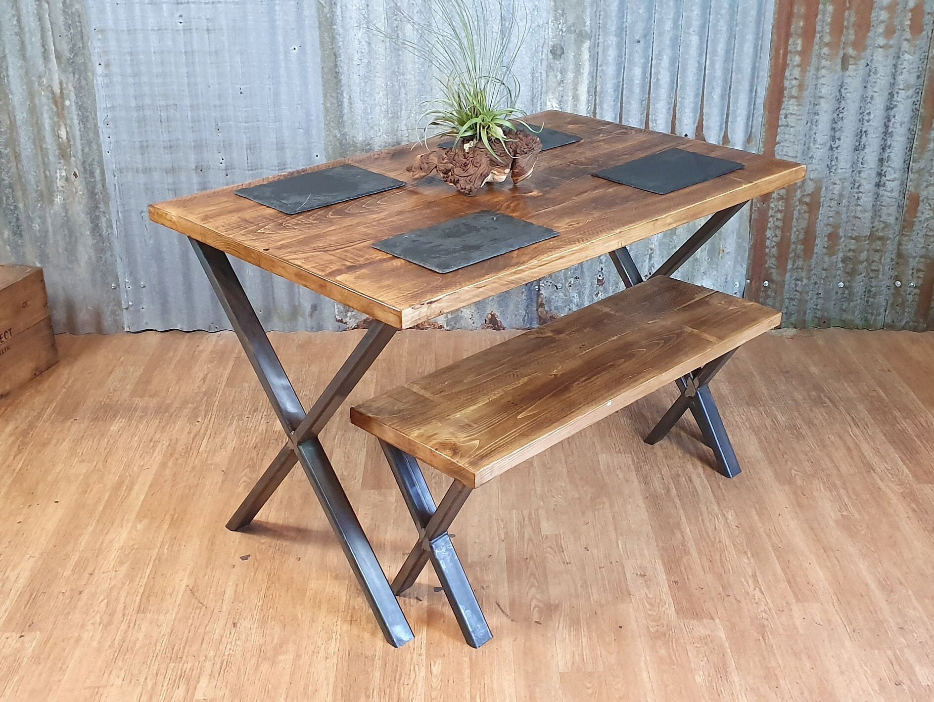 Industrial style bench with X legs, dining table benches, solid wooden