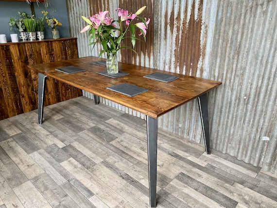 Unique design dining table with steel legs, rustic Industrial dining table with tapered legs, unique dining table